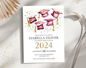 Plantilla de invitación de graduación, Clase de 2024, Invitación de graduación rosa, Invitación a fiesta de graduación, Invitación a fiesta de graduación de niña 2024