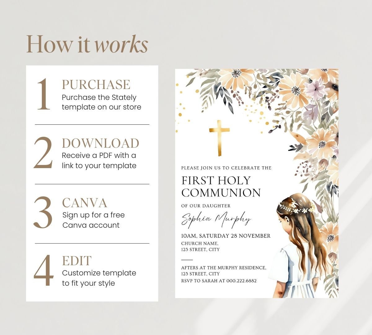 First Communion Invitation Template, Flower Watercolor Printable ...