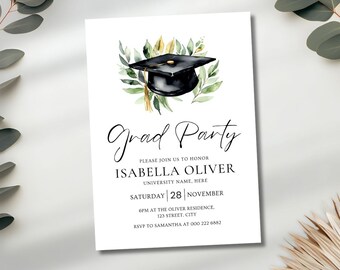 Plantilla de invitación de graduación, invitación a la fiesta de graduación de follaje, invitación editable, invitación a la vegetación, invitación a la fiesta de graduación