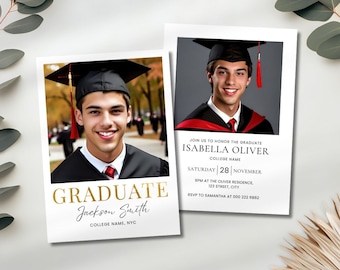 Plantilla de invitación de graduación, invitación a la fiesta de graduación, invitación a la fiesta de graduación del niño, anuncio de graduación de lámina de oro, anuncio de graduación del niño