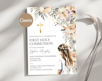 Plantilla de invitación de primera comunión, invitación de comunión imprimible de acuarela de flores, invitación de primera comunión niña, comunión de niña rosa