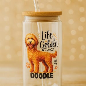Hundeliebhaber Glasdosenbecher - 20 Unzen Becher mit Bambusdeckel und Glasstrohhalm