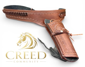 Handmade Western Leather Gun Holster with Belt – Right Hand Draw Cowboy Revolver Holster– Leather Fits 4"–6.5" Revolvers  .22 .38/357 .44/45