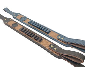 Leather Canvas Rifle Sling, 9 Shell Holder, .308 Caliber, Padded