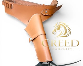 Handmade Western Leather Gun Holster with Belt – Right Hand Draw Cowboy Revolver Holster– Leather Fits 4"–6.5" Revolvers  .22 .38/357 .44/45