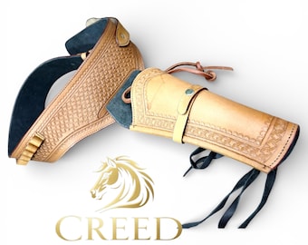 Handmade Western Leather Gun Holster with Belt – Right Hand Draw Cowboy Revolver Holster– Leather Fits 4"–6.5" Revolvers  .22 .38/357 .44/45