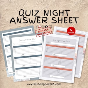 May include: Printable quiz night answer sheet template with four pages. The template has a grey and pink colour scheme with a floral design. The text "Quiz Night Answer Sheet" is at the top of the page.