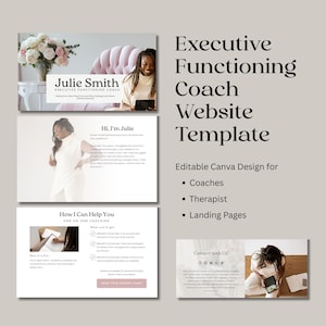 Puede incluir: Un diseño de plantilla de sitio web para coaches de funciones ejecutivas, terapeutas y páginas de destino. El diseño incluye una foto de Julie Smith, una coach, y secciones tituladas "Hi, I'm Julie" y "How I Can Help You."