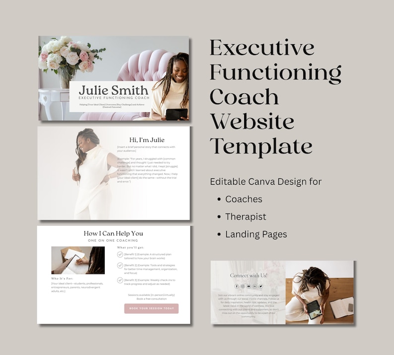 May include: A website template design for executive functioning coaches, therapists, and landing pages. The design includes a photo of Julie Smith, a coach, and sections titled "Hi, I'm Julie" and "How I Can Help You."