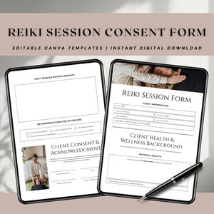Könnte beinhalten: Zwei digitale Tablets mit Reiki-Sitzungs-Einverständniserklärungen. Die Formulare enthalten Abschnitte für Kundeninformationen, Gesundheitsvorgeschichte und Einwilligung. Der Text "REIKI SESSION CONSENT FORM" steht oben. Ein Stift liegt auf einem Tablet.