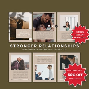 以下が含まれることがあります： 「Stronger Relationships: Developing Emotional Intelligence for...」というタイトルの電子書籍のデジタル製品カバーで、表紙にカップルが写っています。電子書籍はすぐにダウンロードでき、3冊購入すると割引があります。