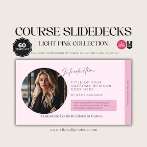 Puede incluir: Una plantilla de diapositiva digital rosa y blanca para una introducción de seminario web. La plantilla presenta un círculo con una foto de mujer, el texto "Introducción", "TÍTULO DE TU INCREÍBLE SEMINARIO WEB VA AQUÍ", "POR NOMBRE APELLIDO", una breve descripción del seminario web y el texto "Personalizar fuentes y colores en Canva". La plantilla también incluye la dirección del sitio web "www.kikisallgoodsus.com".