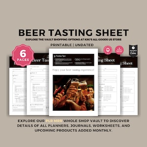 Peut inclure: Une feuille de dégustation de bière imprimable de six pages. La feuille comprend des sections pour les informations générales, l'apparence, l'arôme, le goût, la sensation en bouche et l'impression générale. La feuille comprend également des conseils de dégustation et un espace pour les notes. La feuille est conçue pour vous aider à profiter de votre expérience de dégustation de bière.