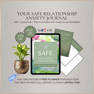 May include: A digital tablet displaying "SAFE RELATIONSHIP ANXIETY JOURNAL" with a green and white design. The image includes a potted plant, promotional text, and additional journal pages. A Black Friday sale is advertised.