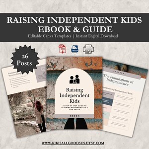 Op de afbeelding: Een e-book en gids getiteld "Raising Independent Kids" met de tekst "Bewerkbare Canva-sjablonen | Directe digitale download". De cover toont een familie-icoon en de tekst "Een stapsgewijze handleiding voor het aanleren van verantwoordelijkheid en levensvaardigheden."