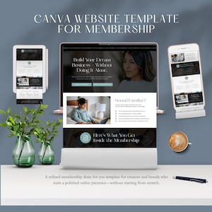 May include: Image of a laptop, tablet, and smartphone showcasing a website template. Text includes "CANVA WEBSITE TEMPLATE FOR MEMBERSHIP" and "Build Your Dream Business Without Doing It Alone.". A refined template for creators.