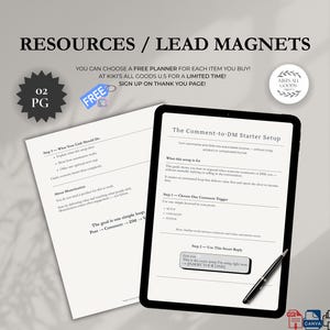 May include: A digital marketing graphic with the text "RESOURCES / LEAD MAGNETS." It includes a tablet displaying a guide titled "The Comment-to-DM Starter Setup," a pen, and a printed page with text. A "FREE" tag is also visible.