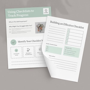 May include: Two white paper documents with text and graphics. One document reads "Using Checklists to Track Progress" and the other reads "Building an Effective Checklist." The documents have a light green and white color scheme.