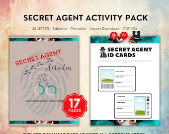 May include: A printable activity pack for kids featuring a secret agent theme. The pack includes 17 pages of activities and two printable ID cards. The cover features a fingerprint with handcuffs and the text "Secret Agent Activities".
