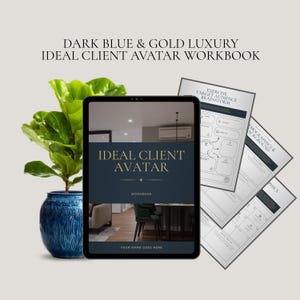 Cuaderno de trabajo de avatar de cliente ideal (azul oscuro y dorado) / Plantilla de Canva de 24 páginas para coaches, estrategas y emprendedores