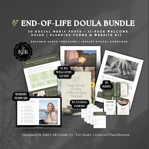 May include: An End-of-Life Doula Bundle with social media posts, a welcome guide, planning forms, and a website kit. The bundle includes editable Canva templates and is an instant digital download. The design is for heart-centered practitioners.