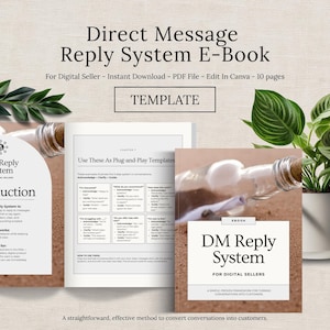 May include: An ebook titled "Direct Message Reply System" for digital sellers. The cover features the title and subtitle, with a simple design. The image also shows open pages with templates and a bottle with a message inside.