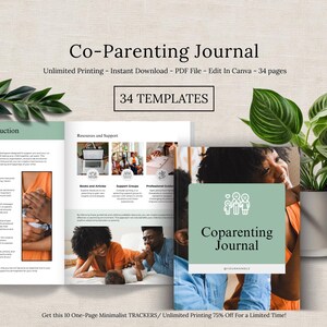 Op de afbeelding: Een co-ouderschapsdagboek met een groene omslag en de titel "Co-Parenting Journal". Het dagboek bevat 34 sjablonen en is direct te downloaden als PDF-bestand. De afbeelding toont ook een plant en de tekst "Get this 10 One-Page Minimalist TRACKERS/Unlimited Printing 75% Off For a Limited Time!"