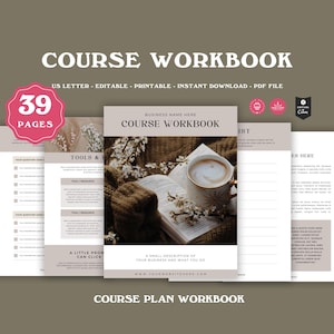 May include: A course workbook with a brown and white floral design. The workbook has a title page with the text "COURSE WORKBOOK" and a subtitle that says "BUSINESS NAME HERE". The workbook also has a page with a photo of a book, a cup of coffee, and a knitted scarf. The text on the page says "A SMALL DESCRIPTION OF YOUR BUSINESS AND WHAT YOU DO".
