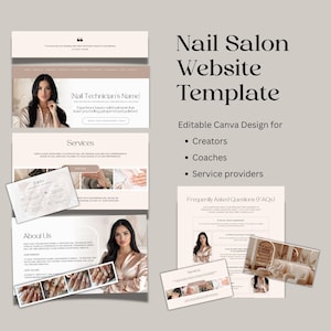 Może przedstawiać: Cyfrowa makieta szablonu strony internetowej salonu paznokci. Projekt zawiera układy stron internetowych ze zdjęciami i tekstem, w tym "Nail Technician's Name" i "About Us". Szablon jest edytowalnym projektem Canva dla twórców, trenerów i usługodawców.