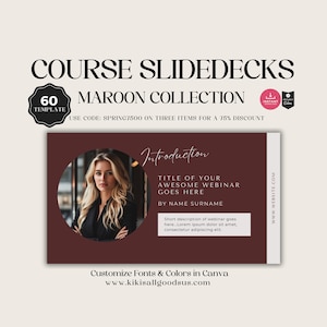 Pode incluir: Um modelo de slide de apresentação de cor marrom com uma foto de mulher em um círculo. O texto "Introduction" está no topo do slide. O texto "TITLE OF YOUR AWESOME WEBINAR GOES HERE" está abaixo da foto. O texto "BY NAME SURNAME" está abaixo do título. O texto "Short description of webinar goes here... Lorem ipsum dolor sit amet, consectetur adipiscing elit." está abaixo do nome. O texto "Customize Fonts & Colors in Canva" está na parte inferior do slide. O texto "www.kikisallgoodsus.com" está abaixo do texto Canva. O texto "WWW.WEBSITE.COM" está no lado direito do slide.