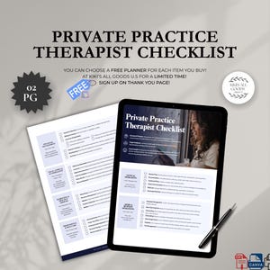 Può includere: Un tablet digitale e un elenco di controllo stampato intitolato "Private Practice Therapist Checklist". Il tablet mostra l'elenco di controllo con la foto di una donna. Una penna è appoggiata sul tablet. L'immagine include il testo "FREE" e "Kiki's All Goods."