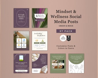 Mindset & Wellness Social Media Templates – 97 Canva Instagram Posts for Health, Life, Holistic Coaches