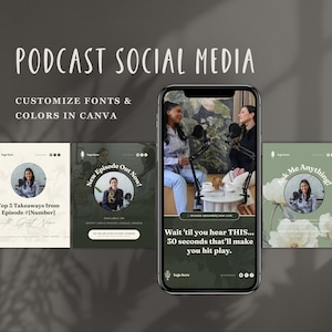 May include: Podcast social media templates with customisable fonts and colours. The image shows a smartphone displaying a podcast episode, with three additional social media posts. Each post features a woman, text, and a logo.