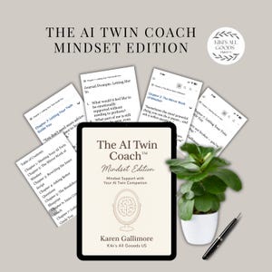 May include: An ebook titled "The AI Twin Coach Mindset Edition" is displayed on a tablet, surrounded by printouts. The cover features a brain in a mirror graphic. A potted plant and pen are also in the image. The text includes "Mindset Support" and "Karen Gallimore".