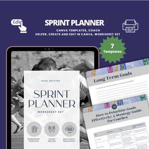 Op de afbeelding: Een digitale tablet die een werkbladset voor sprintplanning weergeeft. De set bevat sjablonen voor het stellen van doelen, langetermijndoelen en het prioriteren van doelen. De werkbladset is ontworpen voor coaches en bevat een werkblad sjabloon, coach hulp en extra resources.