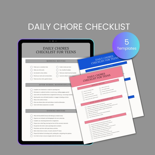 Daily Chore Checklist For Teens |5 Templates and Colors |Printable, Customizable |Change Color, Fonts | Planner Insert  |use on iPad, iPhone