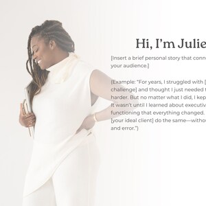 May include: A woman in a white outfit smiles, holding a tablet. Text on the right reads "Hi, I'm Julie" followed by a brief personal story example. The image has a soft, bright aesthetic.