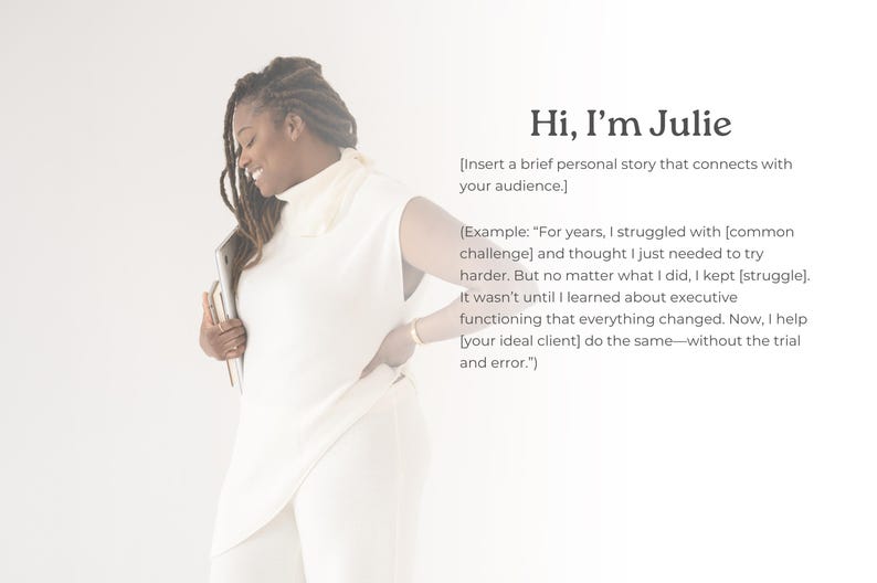 May include: A woman in a white outfit smiles, holding a tablet. Text on the right reads "Hi, I'm Julie" followed by a brief personal story example. The image has a soft, bright aesthetic.