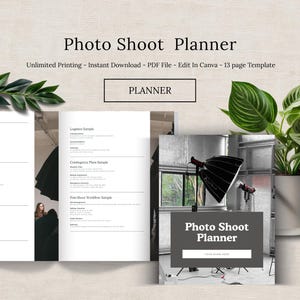 May include: A photo shoot planner with the title "Photo Shoot Planner" in a modern font. The planner includes a 13-page template, instant download, and PDF file. The image also shows a photo studio setup with lighting equipment.
