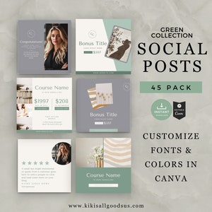 May include: A set of 45 customizable social media post templates in a green color scheme. The templates feature a variety of designs, including images of books, flowers, and a woman. The text on the templates includes the words "Course Name", "Bonus Title", and "Congratulations!" The templates are designed to be used on platforms such as Instagram and Facebook.