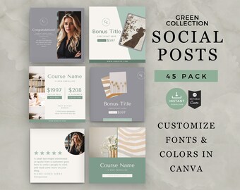 Lanzamiento del curso de coaching: publicaciones en redes sociales de Instagram con temática verde (editables en Canva).