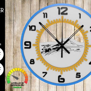May include: A white clock face with black numbers and hands, featuring a stylized image of Mount Vesuvius with a train in the foreground. The clock face is surrounded by a yellow sunburst design and a blue outer ring.