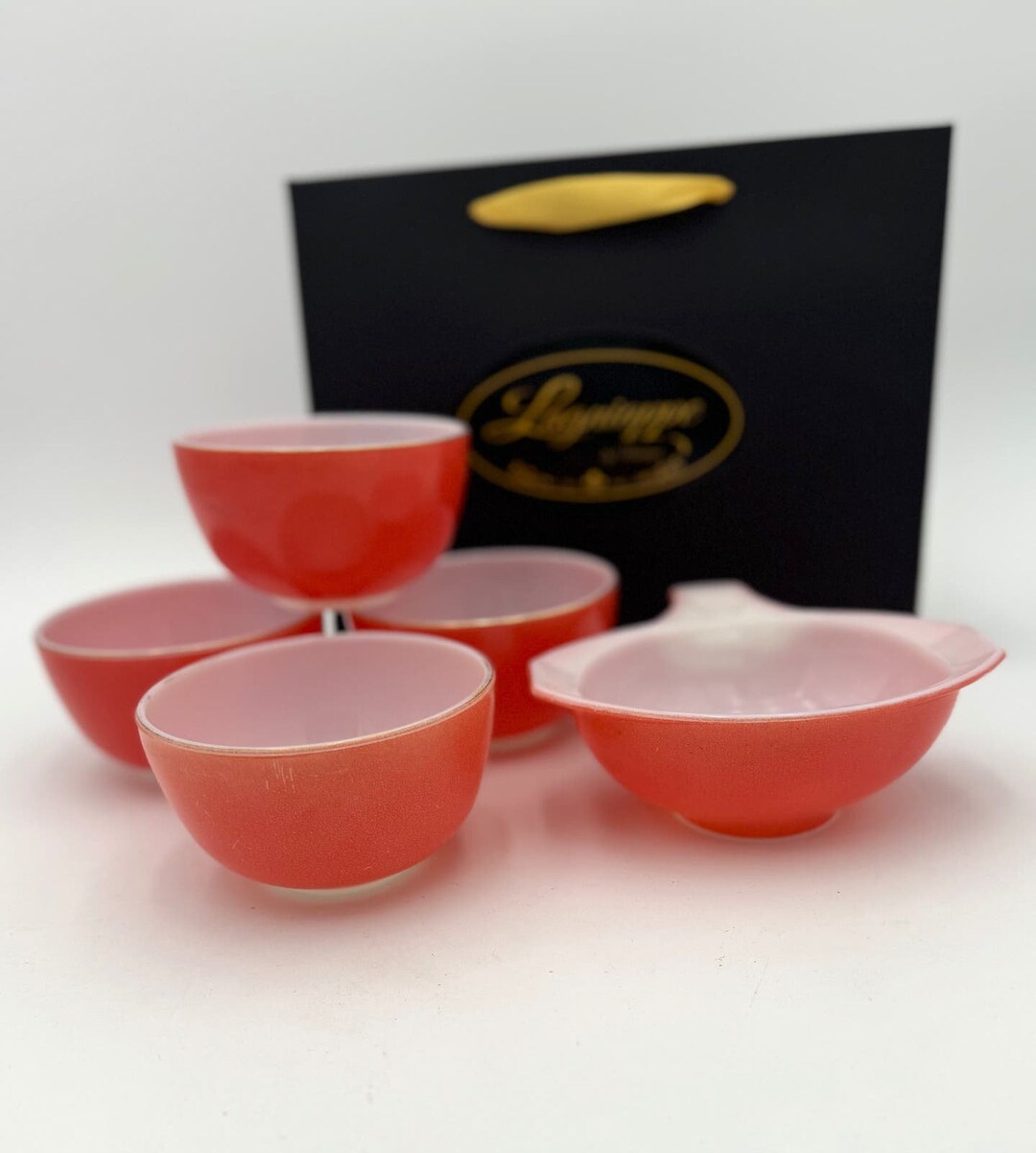 Vintage JAJ Pyrex Red Coral Gravy / Sauce Boat no Saucer and 4 Ramekins