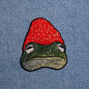 Iron on Frog with Strawberry Patch,Animal Lover Gift, Sew On, Cute image 1