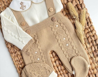 Heimreise nach Hause: Erstes Outfit für Neugeborene (spanische Strickware für Neugeborene, Primera Posita), Babykleidung für Jungen, gestrickter Strampler, Baby-Pferdemotiv