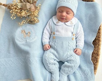 Heimweg Neugeborener Junge Strampler Decke Erstes Outfit Spanisch Primera Posita Baby Strickfüßchen Pferdemotiv