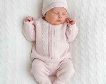 Baby-Strickkleidung, rosa, 3 Monate alt, Baumwoll-Outfit für die Heimkehr, Strickset für das erste Heimkehr-Fotoshooting, Baby-Strickkleidung, Strampler, Umstandsmode