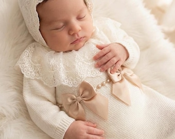 Neugeborenes Luxus-Set aus beigem Strick für Mädchen, Heimweg-Outfit, spanisches Set, Baby-Set, Kostüm, Strick, Baby, erstes Liegen, schwanger