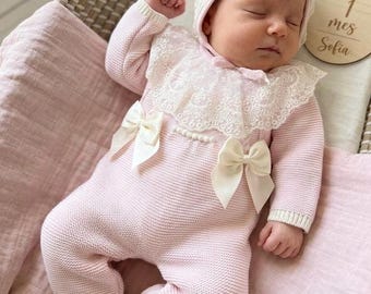 Gestricktes luxuriöses rosa Baby-Outfit für die Heimreise, spanisches Set, Baby-Kostüm für die erste Schwangerschaft