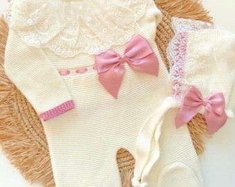 Gelbes Strick-Outfit für Neugeborene, Prinzessinnen-Look für die Heimreise, spanisches Set, Babyzimmer, erste Liegeposition, Schwangerschaft, Kreißsaal